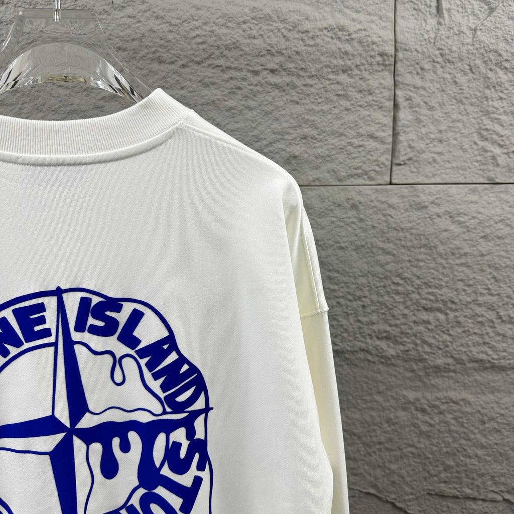 Stone Island Early Autumn–Winter 2026 Sweatshirt — Dripping Compass Star Flocked Logo at Left Chest, Dripping Compass Badge at Centre Back