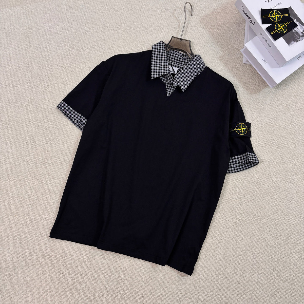 Stone Island Faux Two-Piece Short Sleeve Top with Gingham Collar