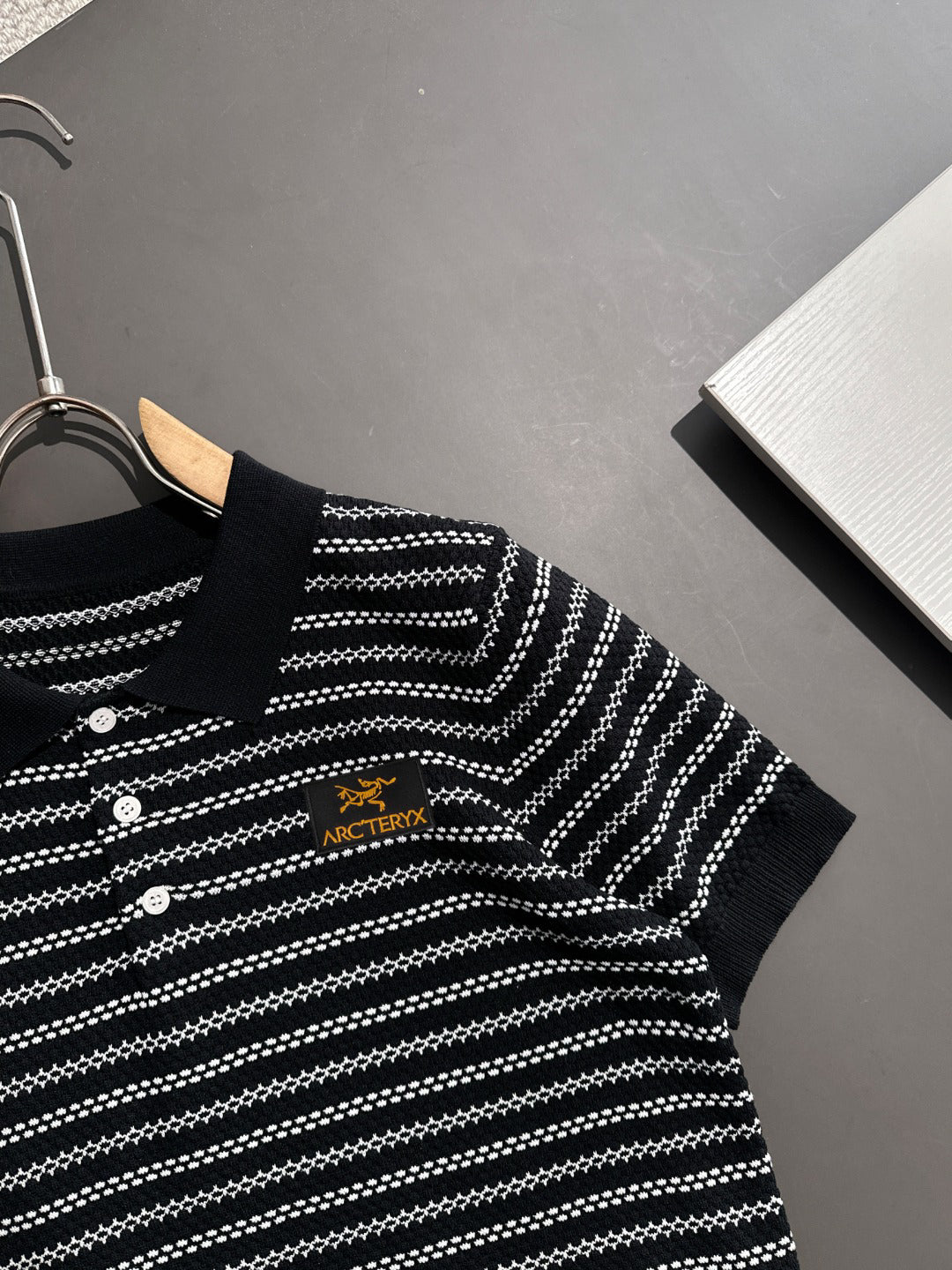 Arc'teryx Jacquard Stripe Knit Polo Shirt with Gold Bird Woven Badge