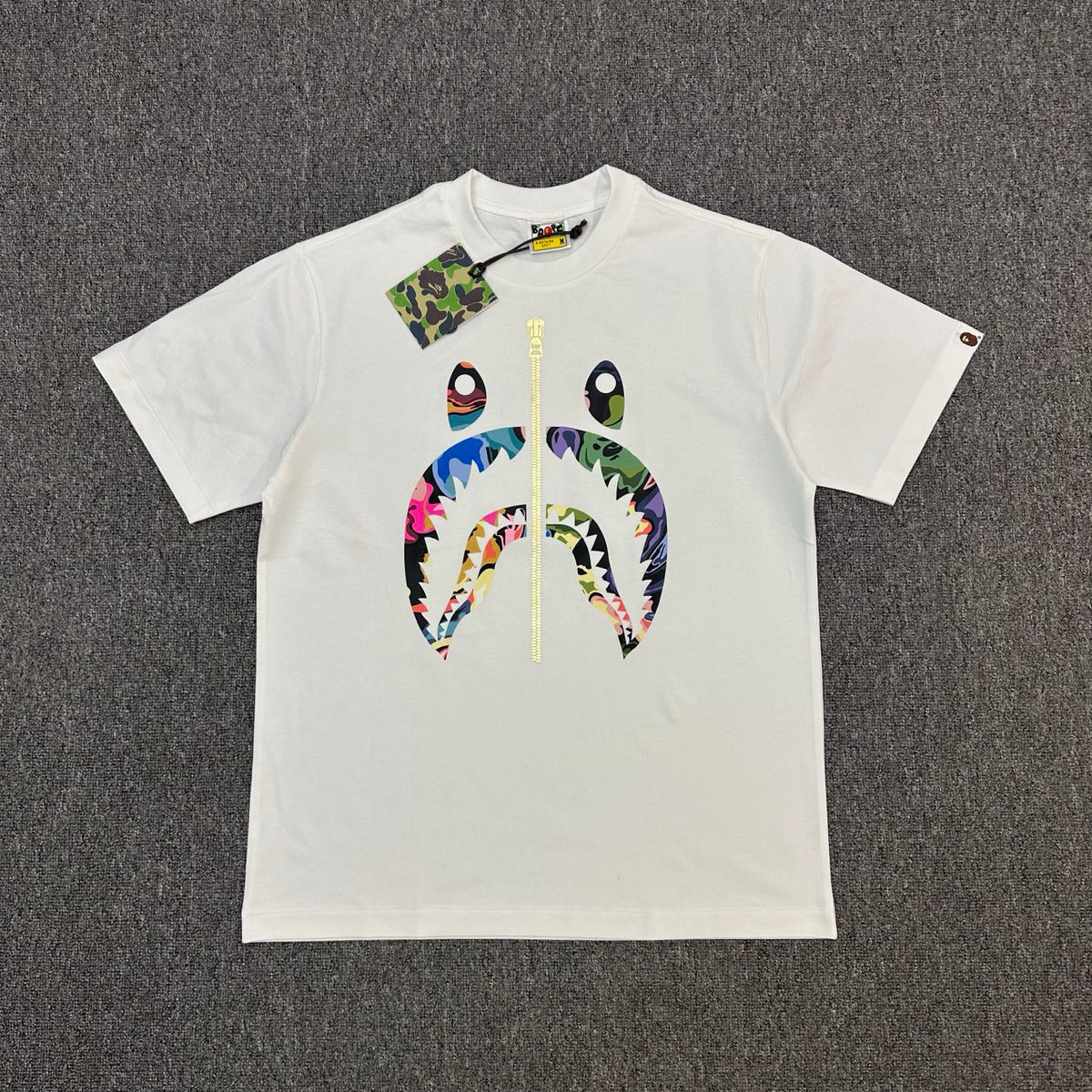 BAPE Art Camo Multicolor Patchwork Shark Face Zip Oversized Heavyweight Unisex T-Shirt