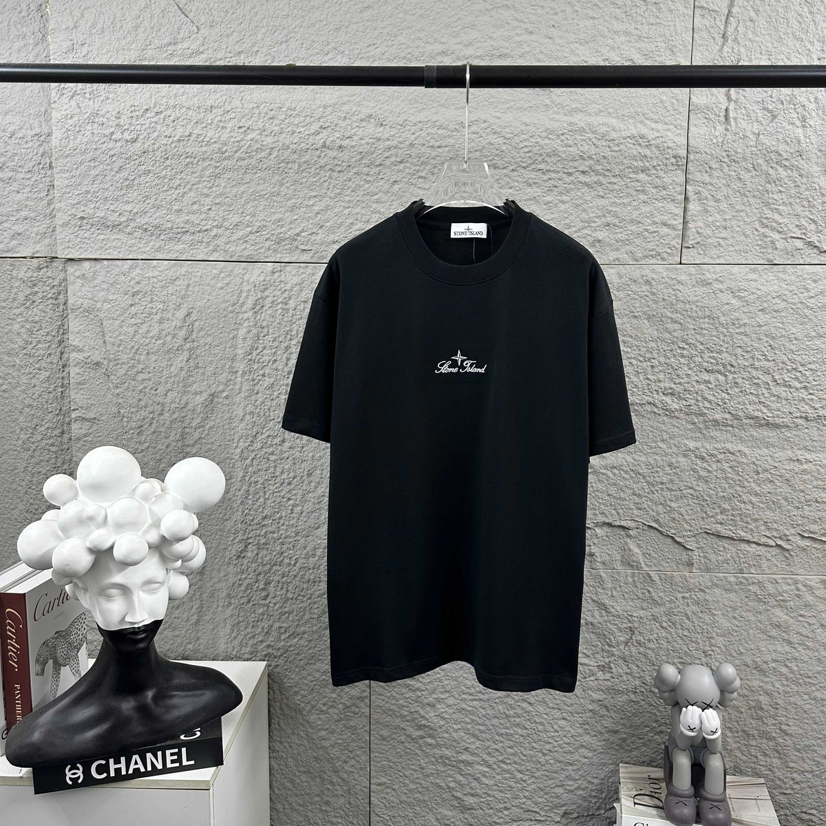 Stone Island Script Logo Embroidery T-Shirt with Dashed Geometric Lattice Back Print
