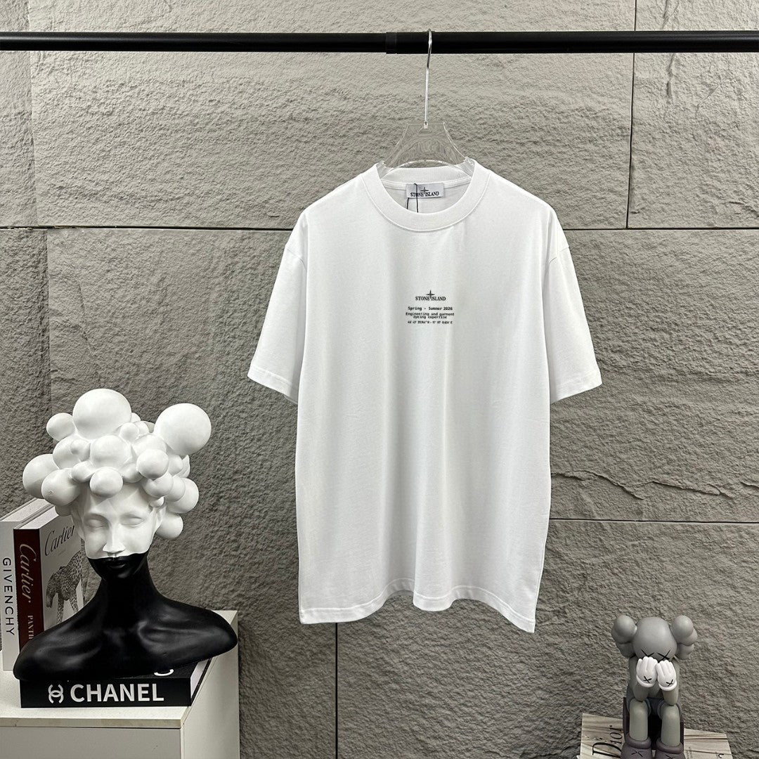 Stone Island Spring–Summer 2026 Distressed Compass Rose Heat-Transfer Print T-Shirt - Front Text Stack, Oversized Back Badge