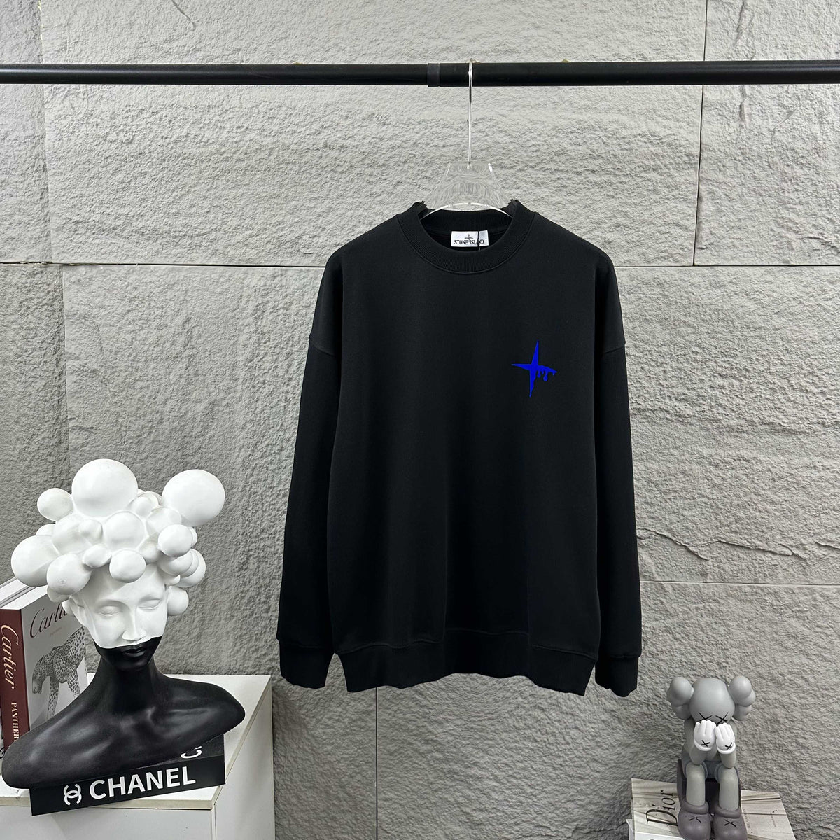Stone Island Early Autumn–Winter 2026 Sweatshirt — Dripping Compass Star Flocked Logo at Left Chest, Dripping Compass Badge at Centre Back