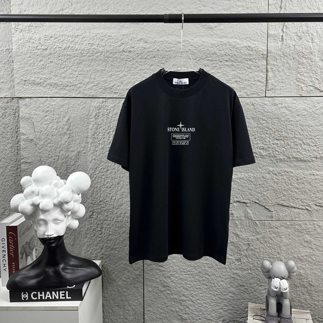 Stone Island Engineering and Garment Dyeing Expertise Heat-Transfer Print T-Shirt - Compass Badge Back, Coordinates Front