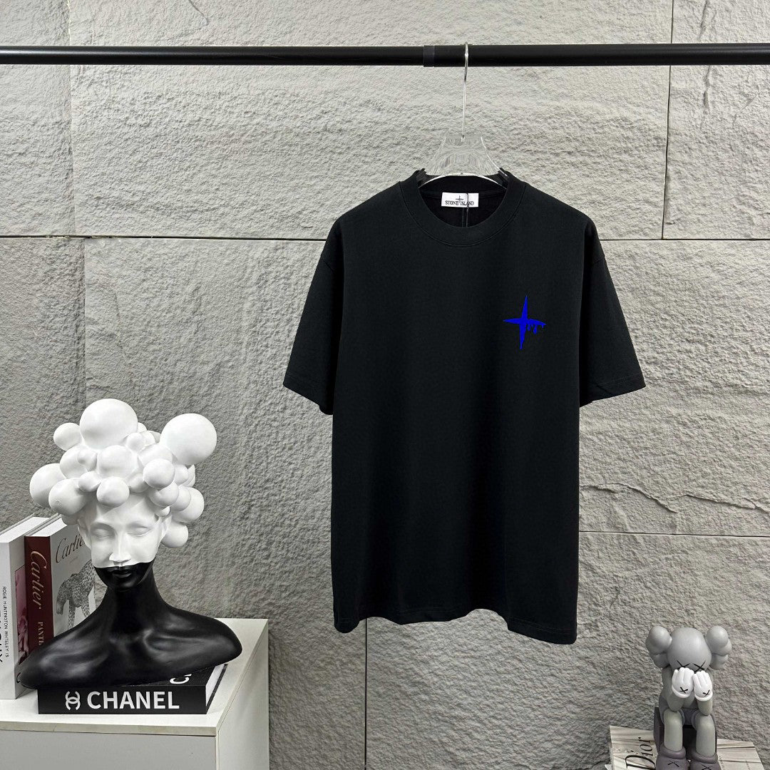 Stone Island Melting Compass Rose 3D Flock Print T-Shirt - Cobalt Blue Star at Chest, Oversized Melting Badge at Back