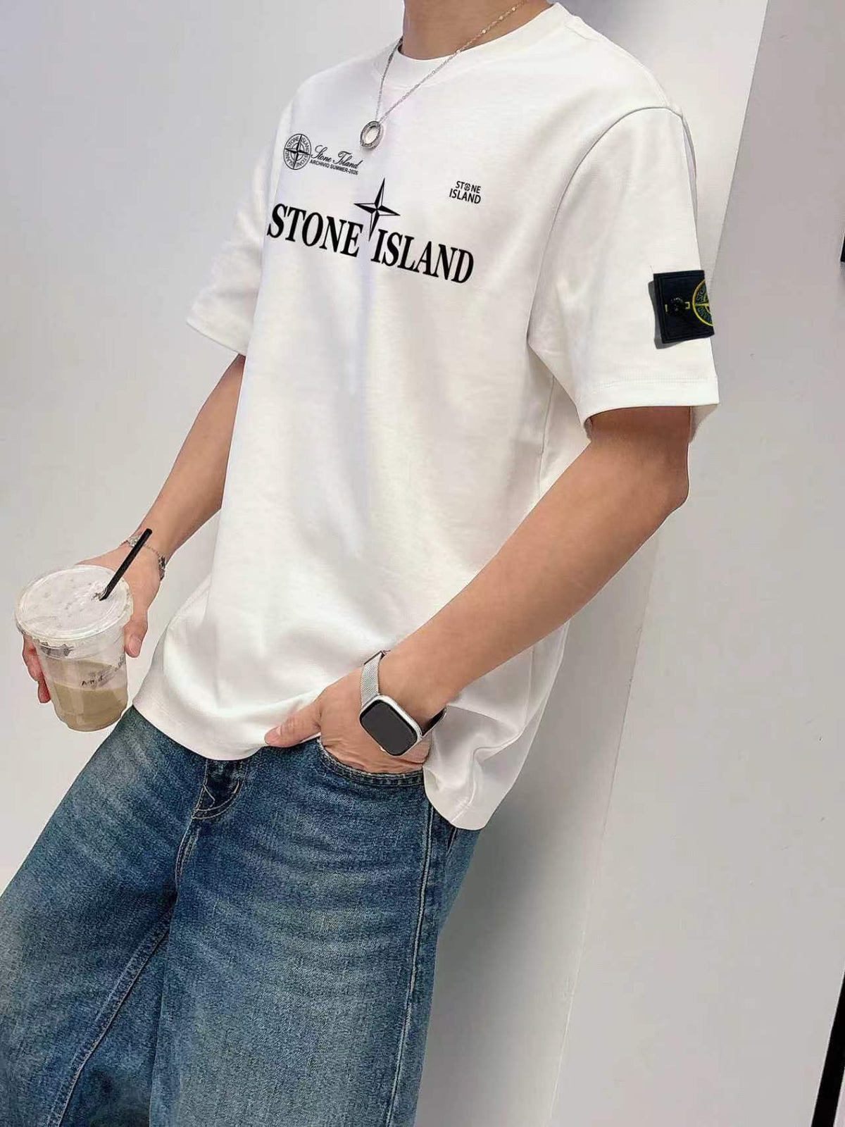 Stone Island Archivio Summer 2025 Four-Point Star Wordmark Print T-Shirt - Gray / White