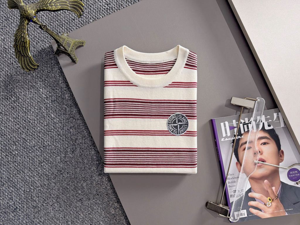 Stone Island Fine Gauge Knit Striped T-Shirt with Circular Compass Badge