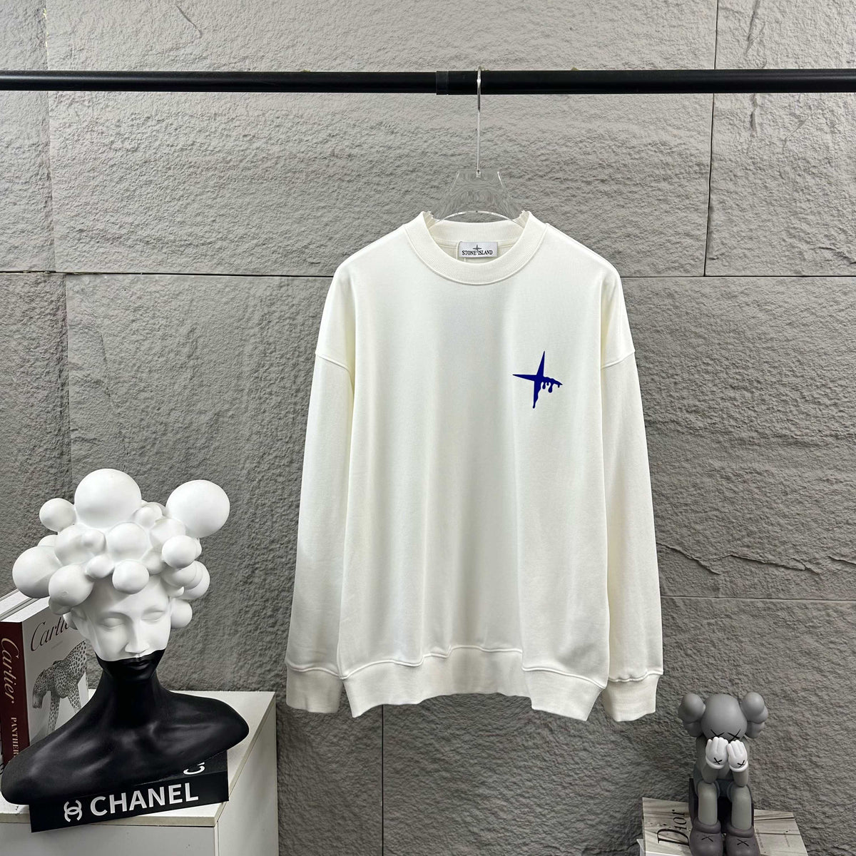 Stone Island Early Autumn–Winter 2026 Sweatshirt — Dripping Compass Star Flocked Logo at Left Chest, Dripping Compass Badge at Centre Back