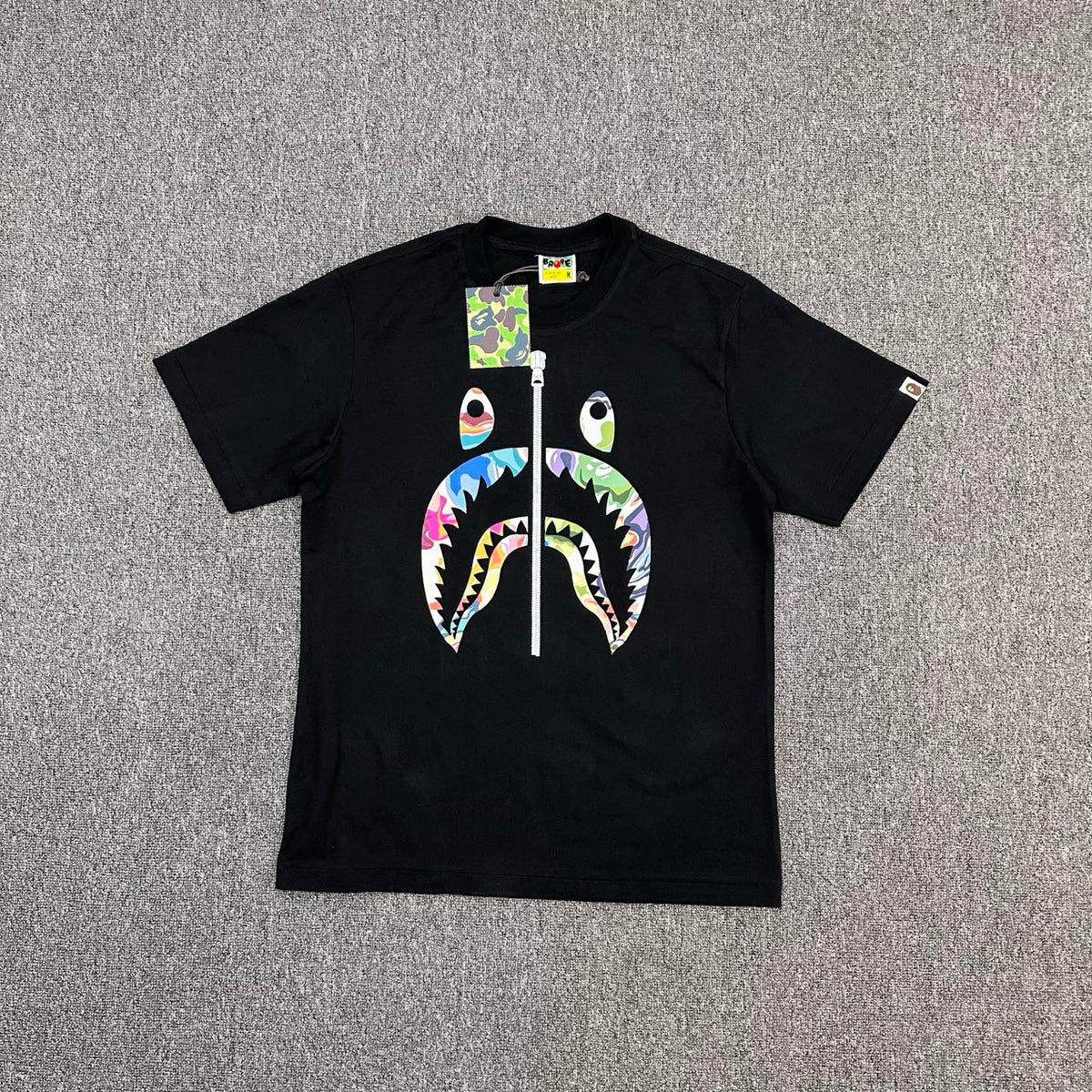 BAPE Art Camo Multicolor Patchwork Shark Face Zip Oversized Heavyweight Unisex T-Shirt