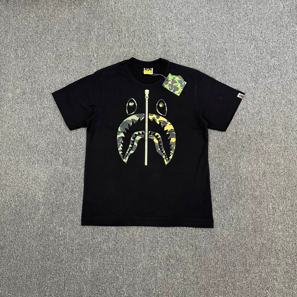 BAPE Art Camo Multicolor Patchwork Shark Face Zip Oversized Heavyweight Unisex T-Shirt