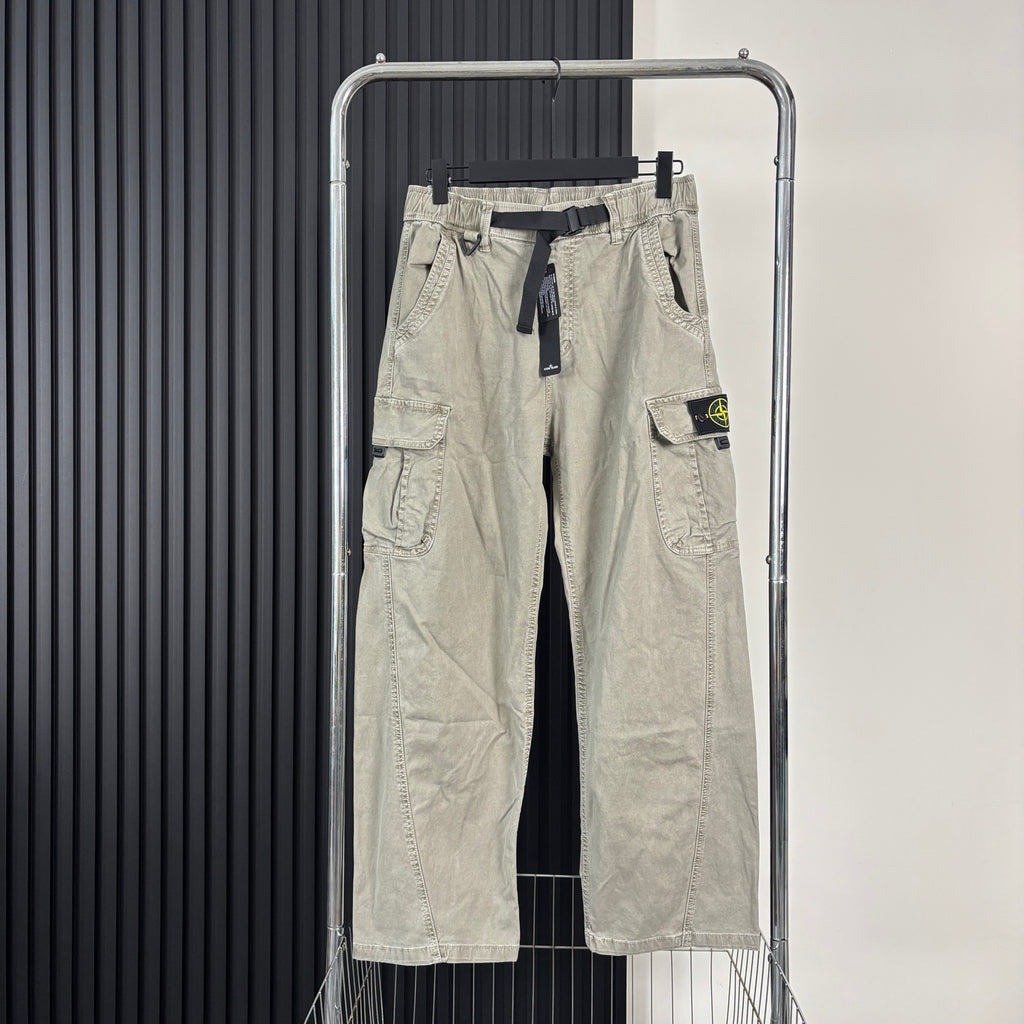 Stone Island Washed Multi-Pocket Cargo Trousers with Buckle Belt and Compass Badge