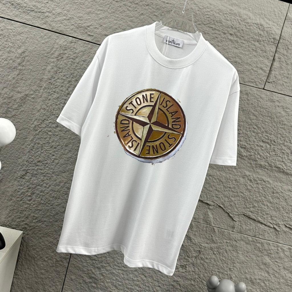 Stone Island Spring–Summer 2026 T-Shirt - Hyper-Realistic Bronze Compass Badge at Centre Chest, Plain Back