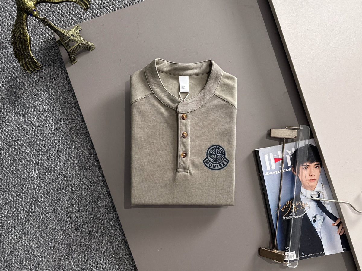 Moncler x Stone Island Structured Twill Henley-Collar Short Sleeve Top with Embroidered Compass Badge