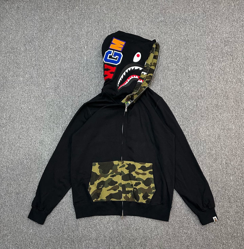 BAPE SS25 Shark Full-Zip Double Hood Hoodie — Color-Block Camo