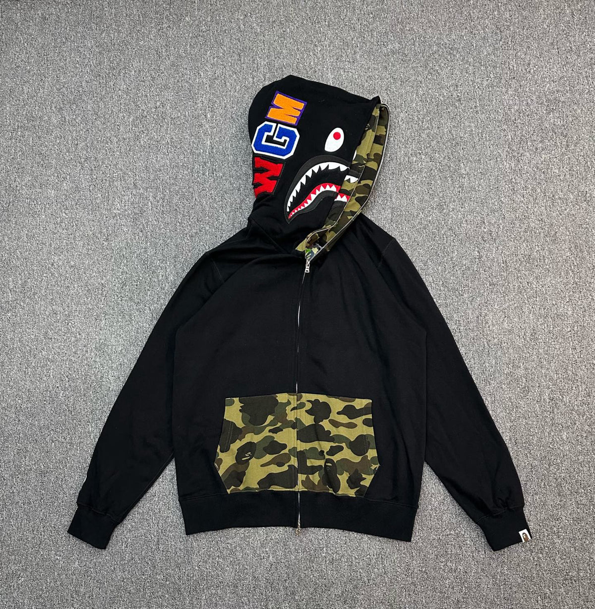 BAPE SS25 Shark Full-Zip Double Hood Hoodie — Color-Block Camo