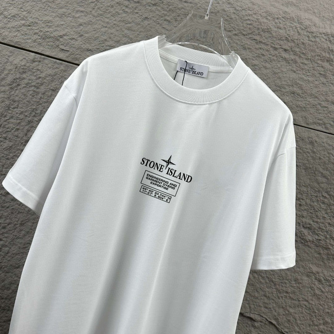 Stone Island Engineering and Garment Dyeing Expertise Heat-Transfer Print T-Shirt - Compass Badge Back, Coordinates Front