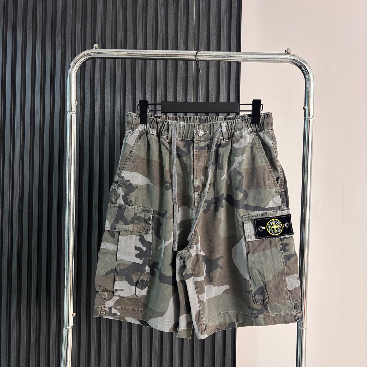 Stone Island Vintage Camouflage Cargo Shorts with Flap Pockets and Compass Badge