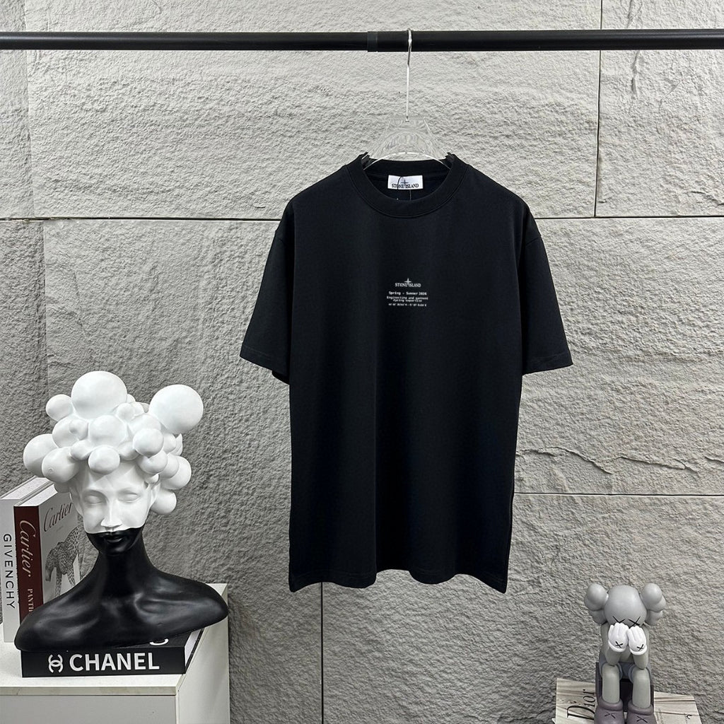 Stone Island Spring–Summer 2026 Distressed Compass Rose Heat-Transfer Print T-Shirt - Front Text Stack, Oversized Back Badge
