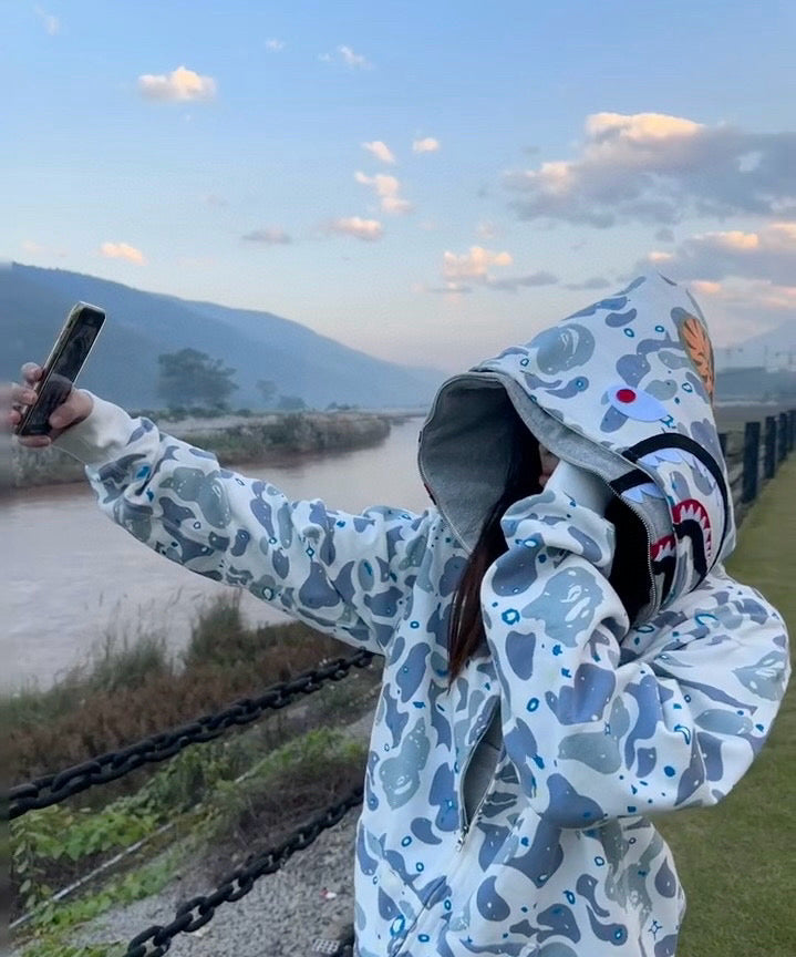 BAPE 21SS Space Camo Shark Full-Zip Double Hood Hoodie — Glow-in-the-Dark