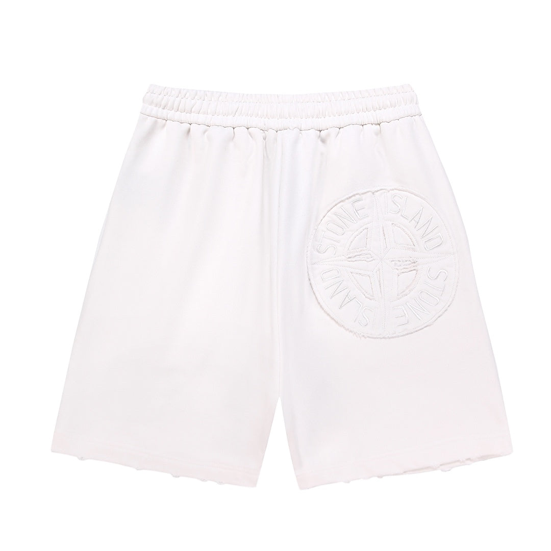Stone Island Washed Cotton Fleece Shorts with Tonal Embroidered Compass Badge and Raw Cut Hem