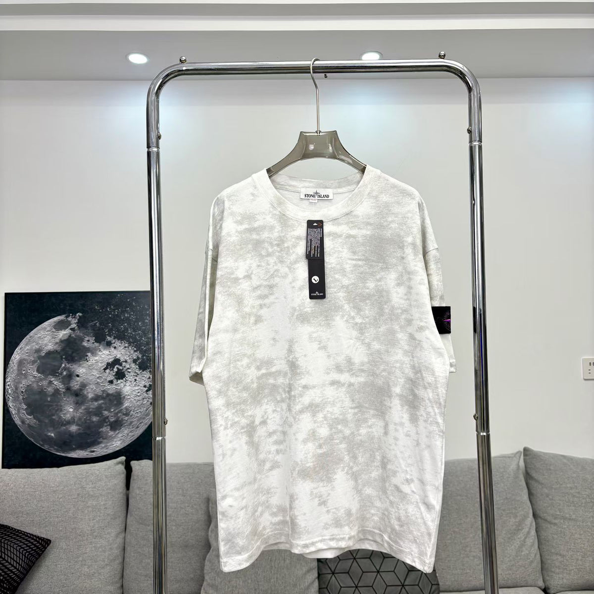 Stone Island Garment-Washed Cloud Pattern Oversized Cotton Tee with Compass Badge