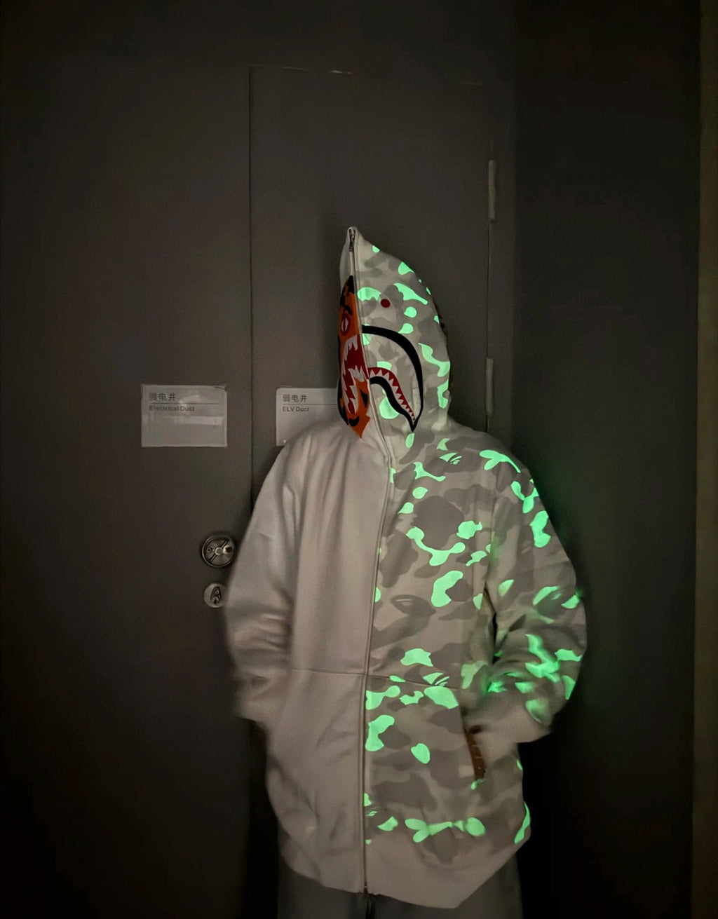 BAPE FW25 City Camo Glow-in-the-Dark Shark Full-Zip Hoodie - White / Black