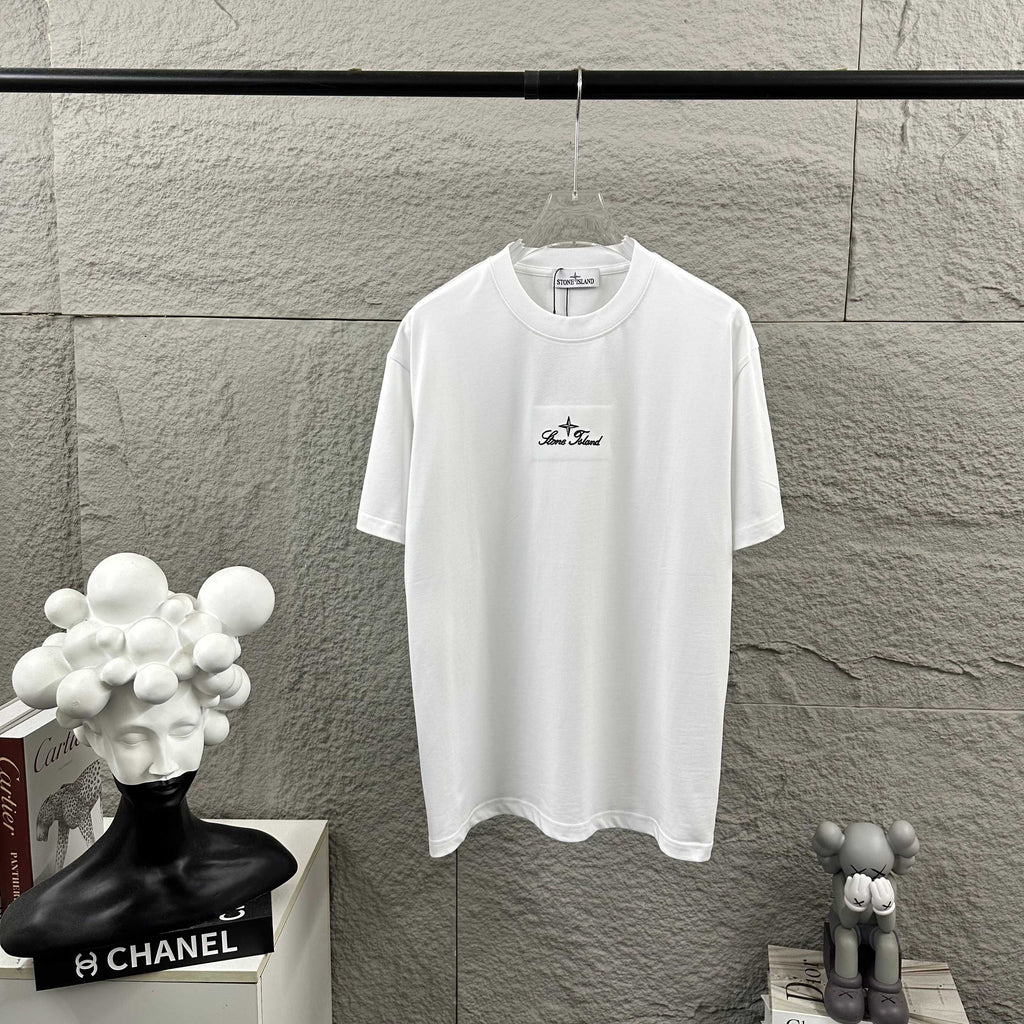 Stone Island Script Logo Embroidery T-Shirt with Dashed Geometric Lattice Back Print