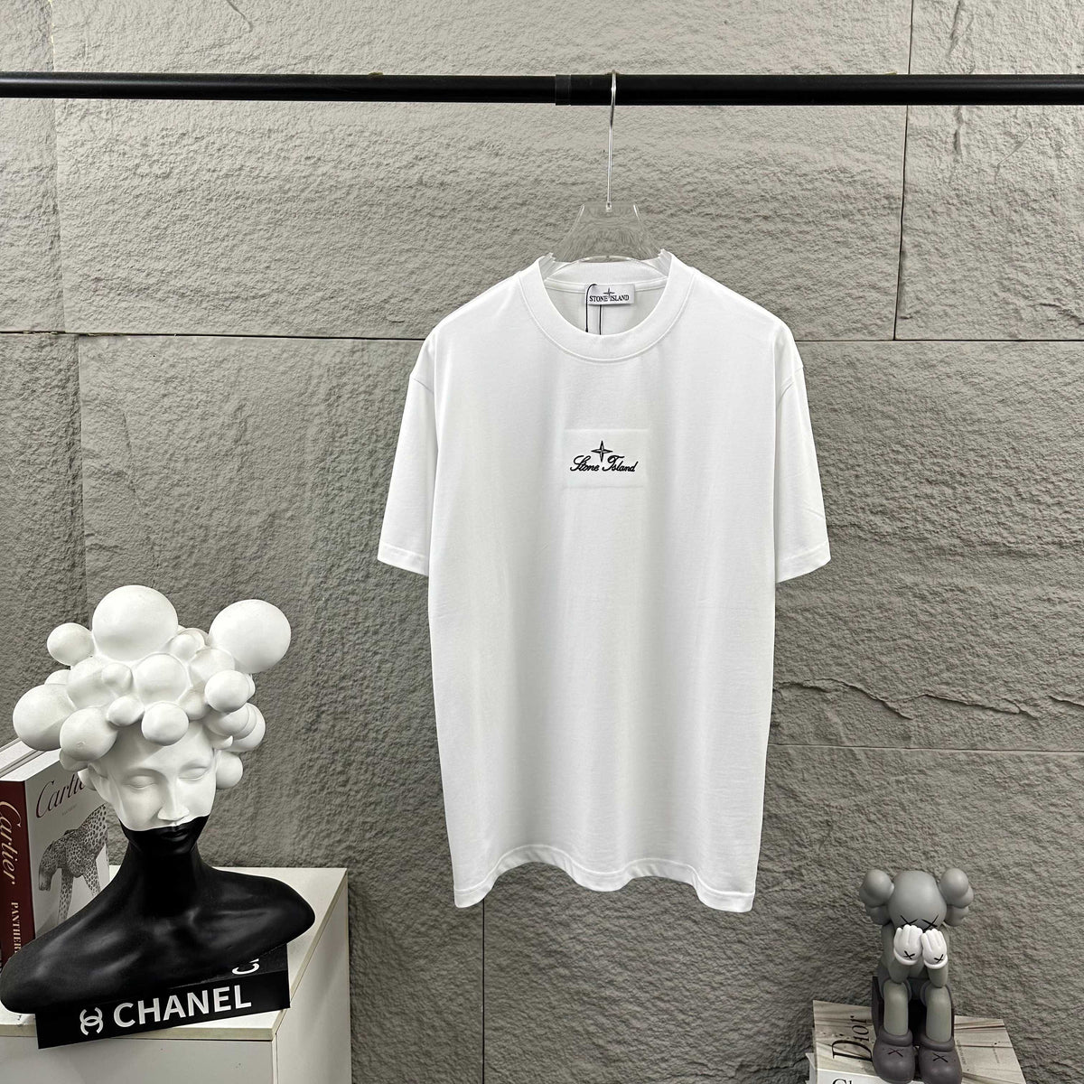 Stone Island Script Logo Embroidery T-Shirt with Dashed Geometric Lattice Back Print
