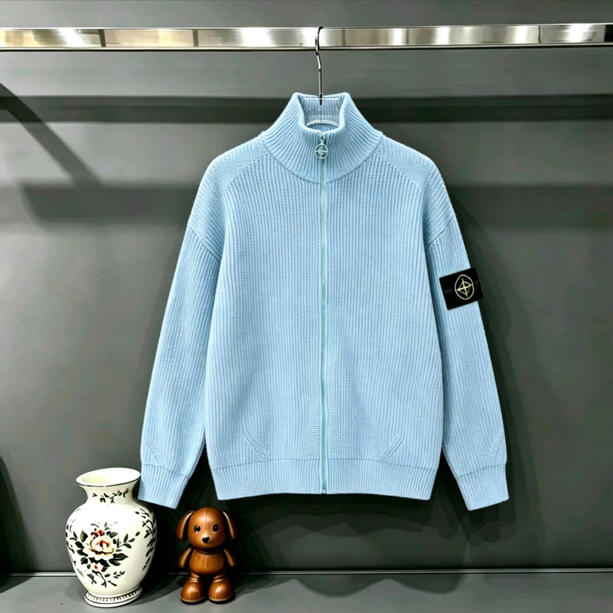 Stone Island Full-Zip Turtleneck Chunky Rib Knit Jacket