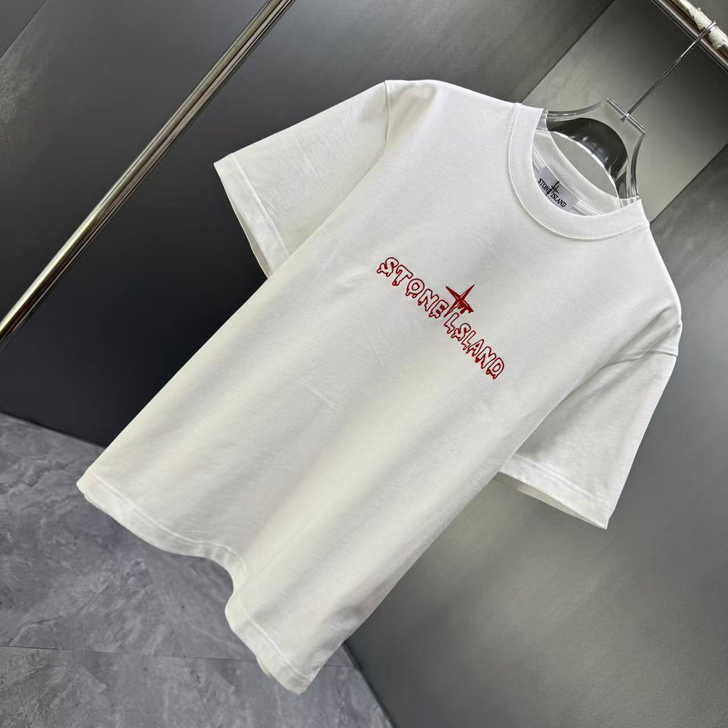 Stone Island Spring–Summer 2026 T-Shirt — Flock-Print Bubble Letter Logo, Compass Star Centre Chest