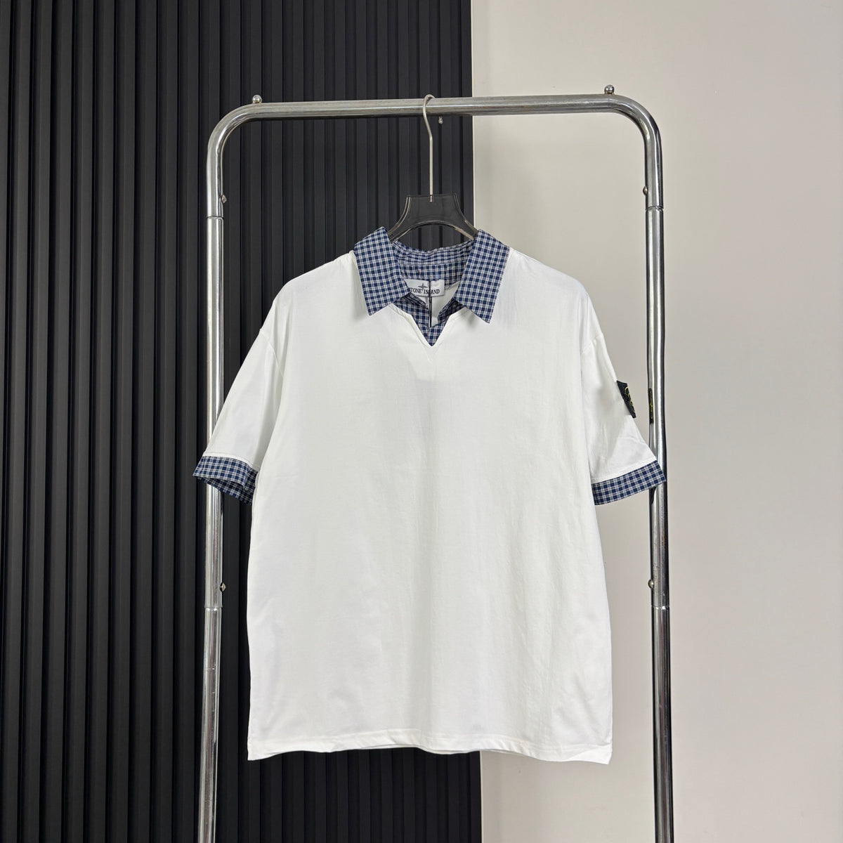 Stone Island Faux Two-Piece Short Sleeve Top with Gingham Collar