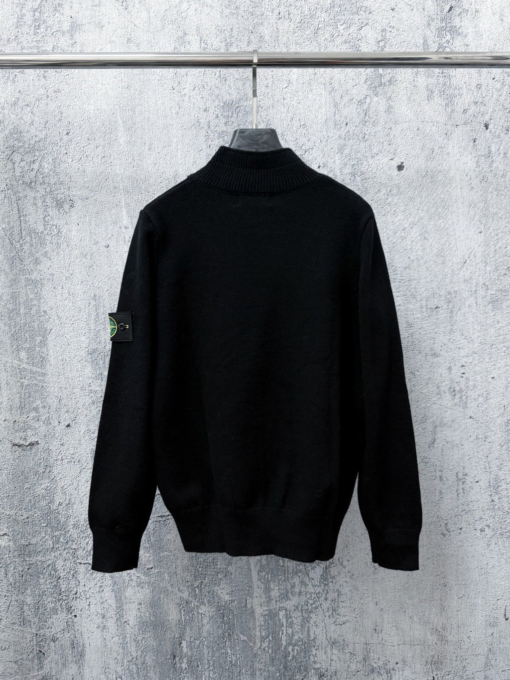 Stone Island Wool Knit Half-Button Mock Neck Sweater with Compass Badge on Sleeve