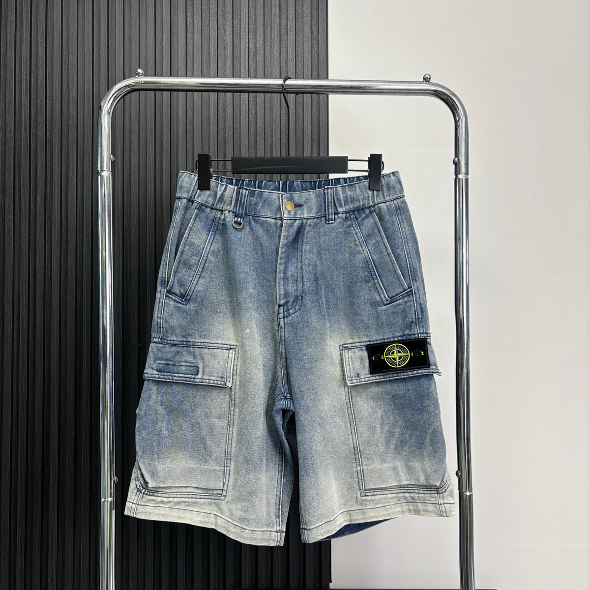Stone Island Washed Denim Cargo Shorts with Front Patch Pockets and Compass Badge