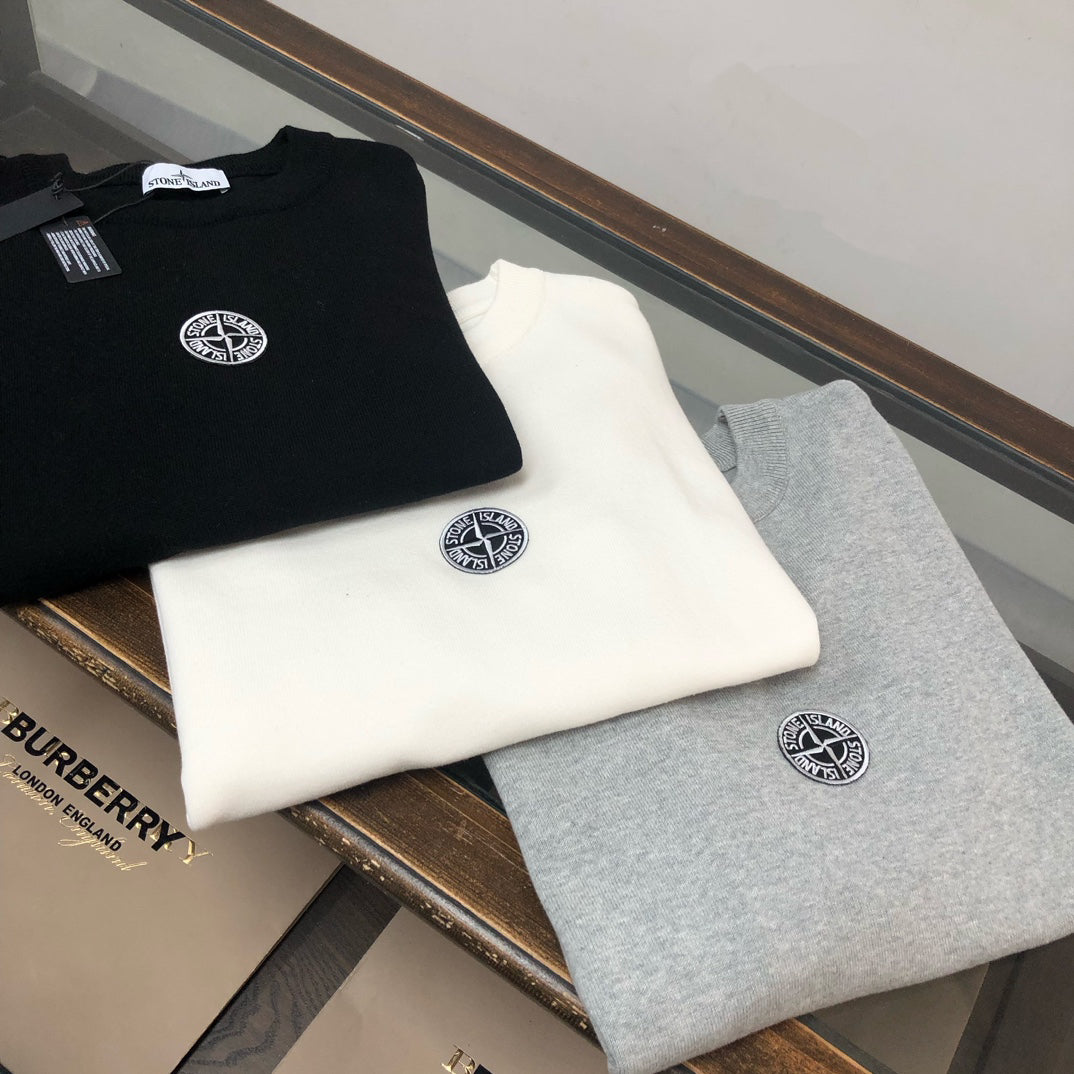 Stone Island Medium-Gauge Knit Crew Neck Pullover Sweater with Circular Monochrome Compass Badge