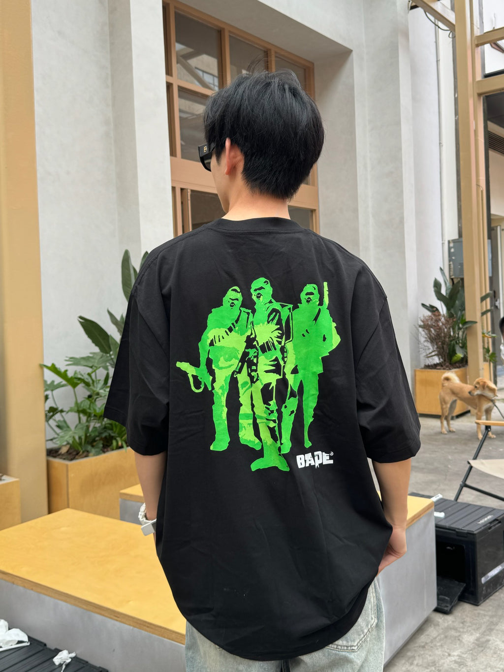 BAPE SS25 Ape Head Interlocking Distressed Block Logo & Neon Green Army Squad Back Print Oversized Heavyweight Unisex T-Shirt