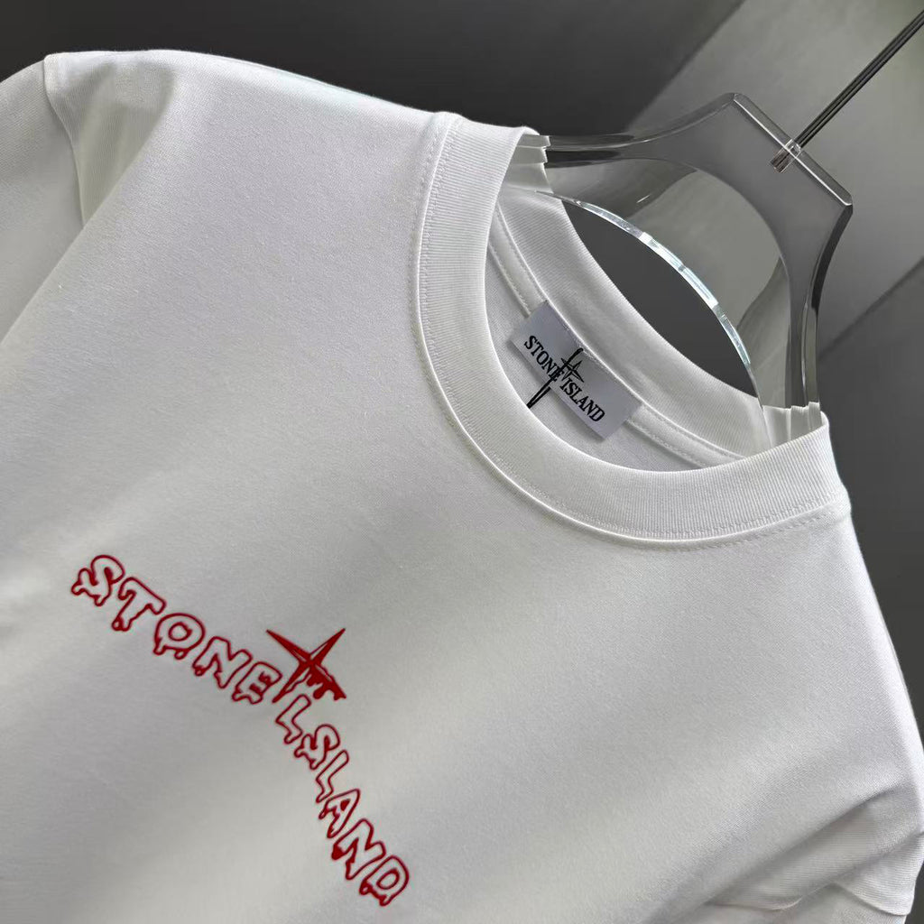 Stone Island Spring–Summer 2026 T-Shirt — Flock-Print Bubble Letter Logo, Compass Star Centre Chest