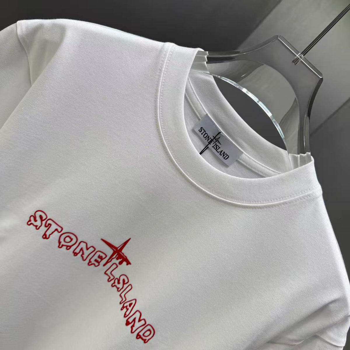 Stone Island Spring–Summer 2026 T-Shirt — Flock-Print Bubble Letter Logo, Compass Star Centre Chest