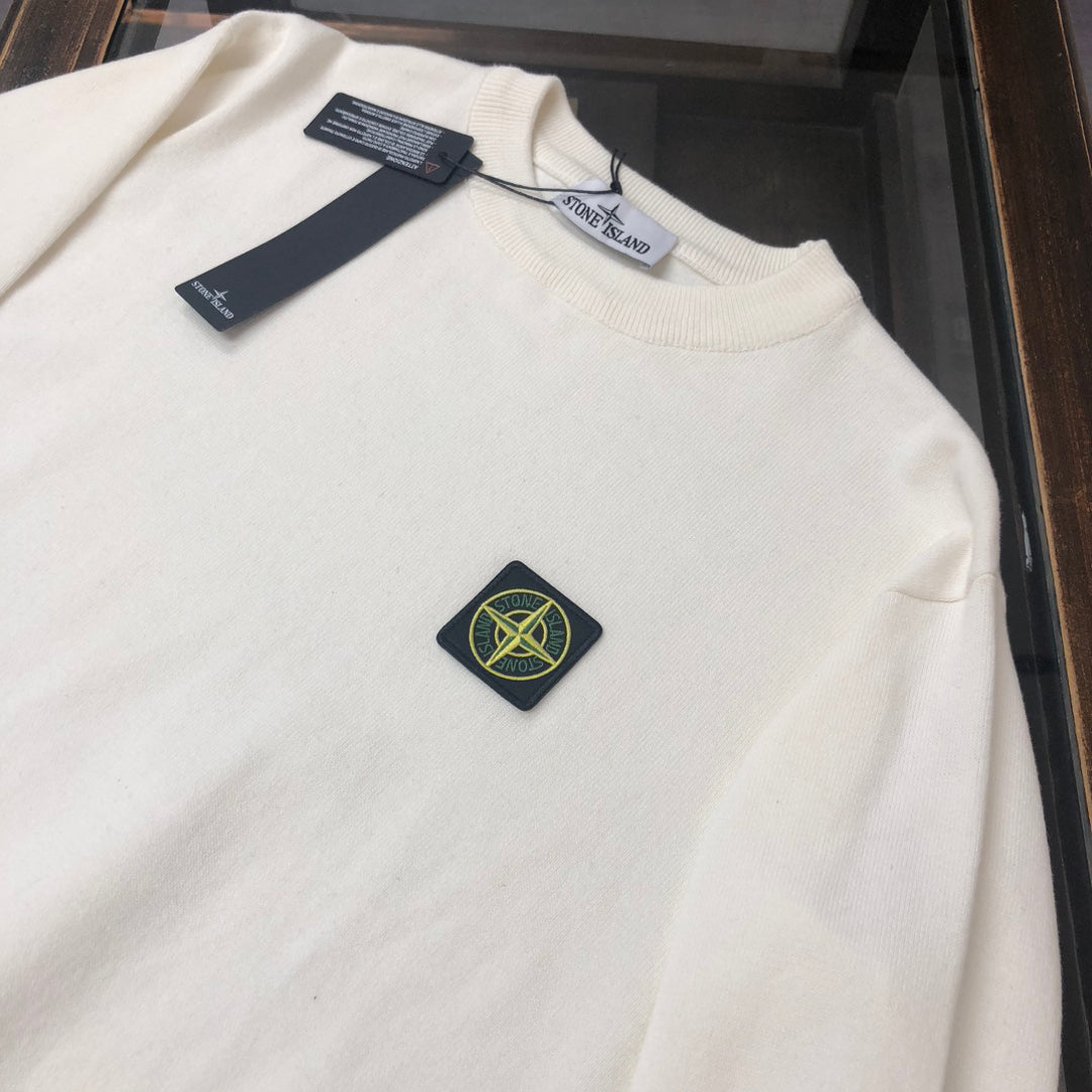 Stone Island Fine-Knit Crew Neck Pullover Sweater with Chest Compass Badge