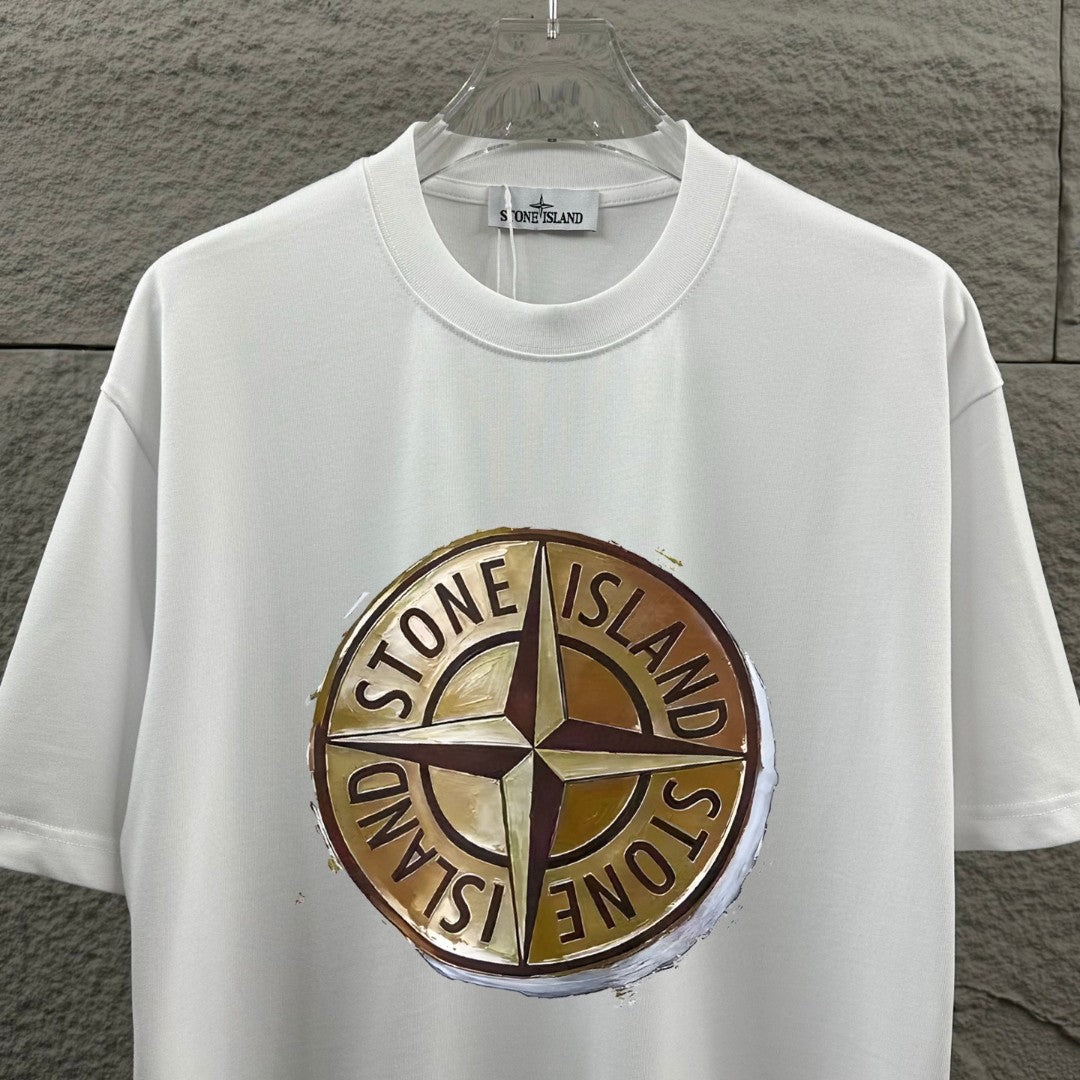 Stone Island Spring–Summer 2026 T-Shirt - Hyper-Realistic Bronze Compass Badge at Centre Chest, Plain Back