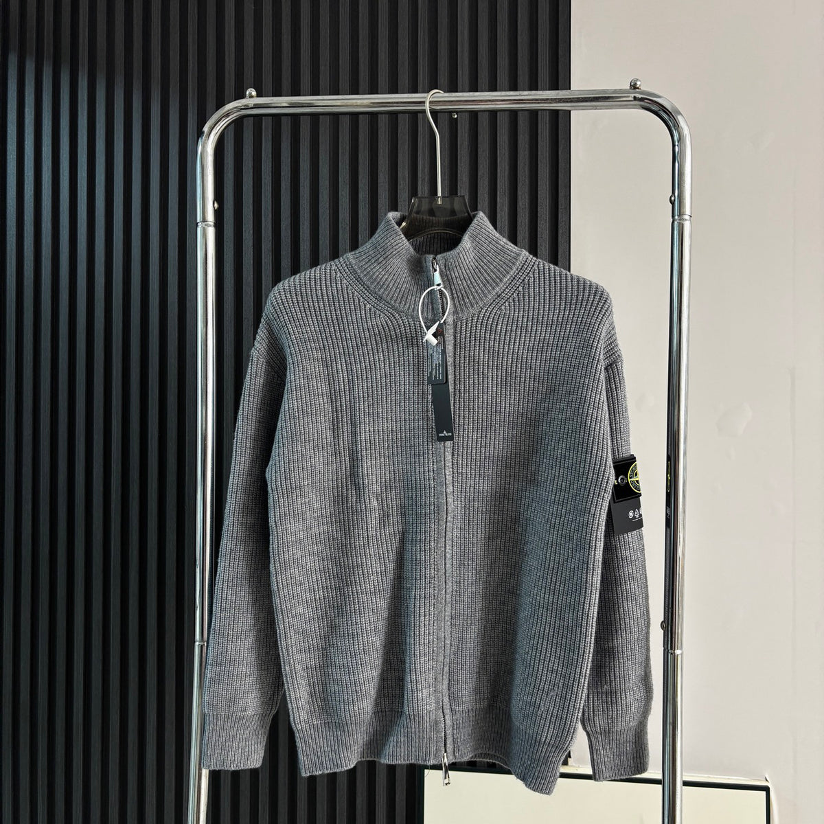 Stone Island Chunky-Rib Full-Zip Knit Cardigan with Compass Badge