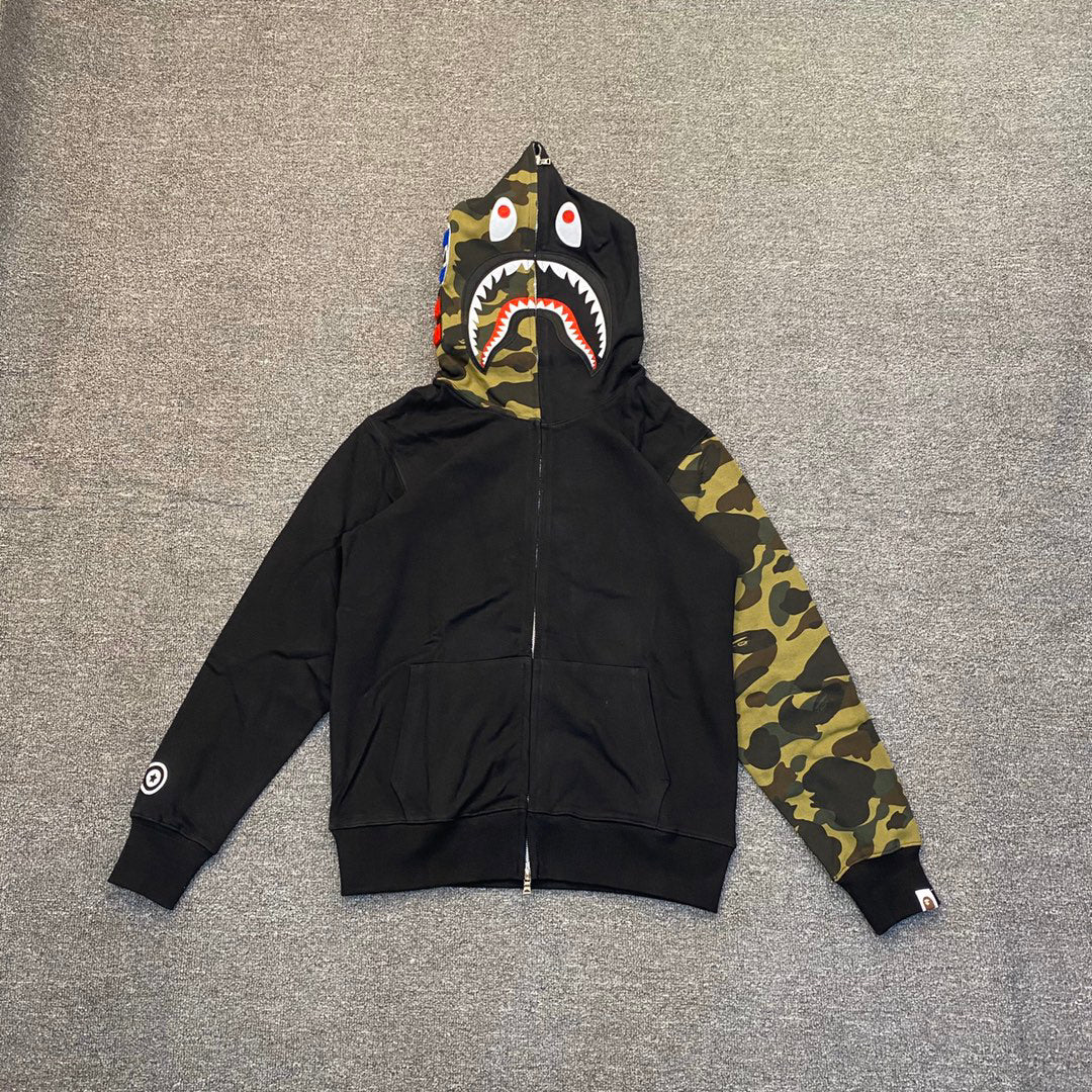BAPE WGM Shark Full-Zip Hoodie Woodland Camo Hood + Sleeve - Black / Gray