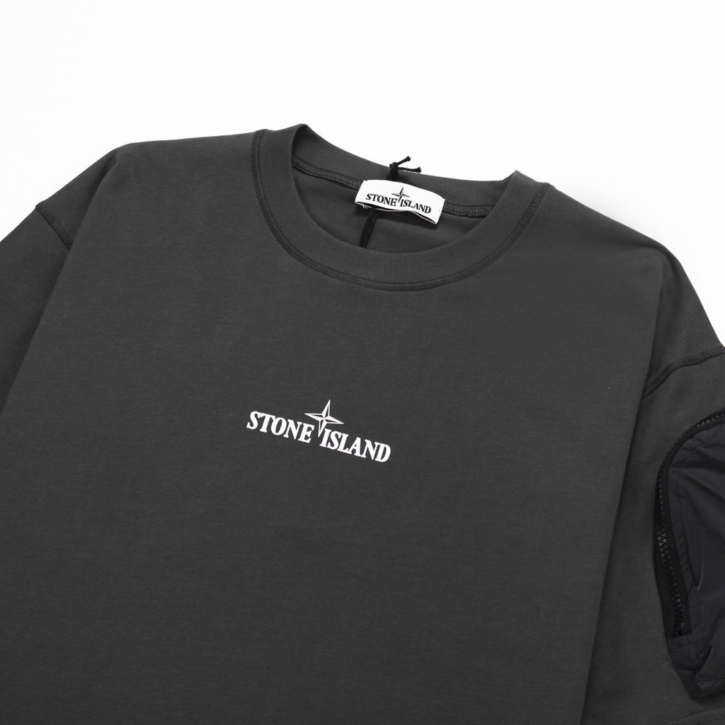 Stone Island Centre Chest Logo Crew Neck T-Shirt with Right Sleeve Nylon Zip Pocket