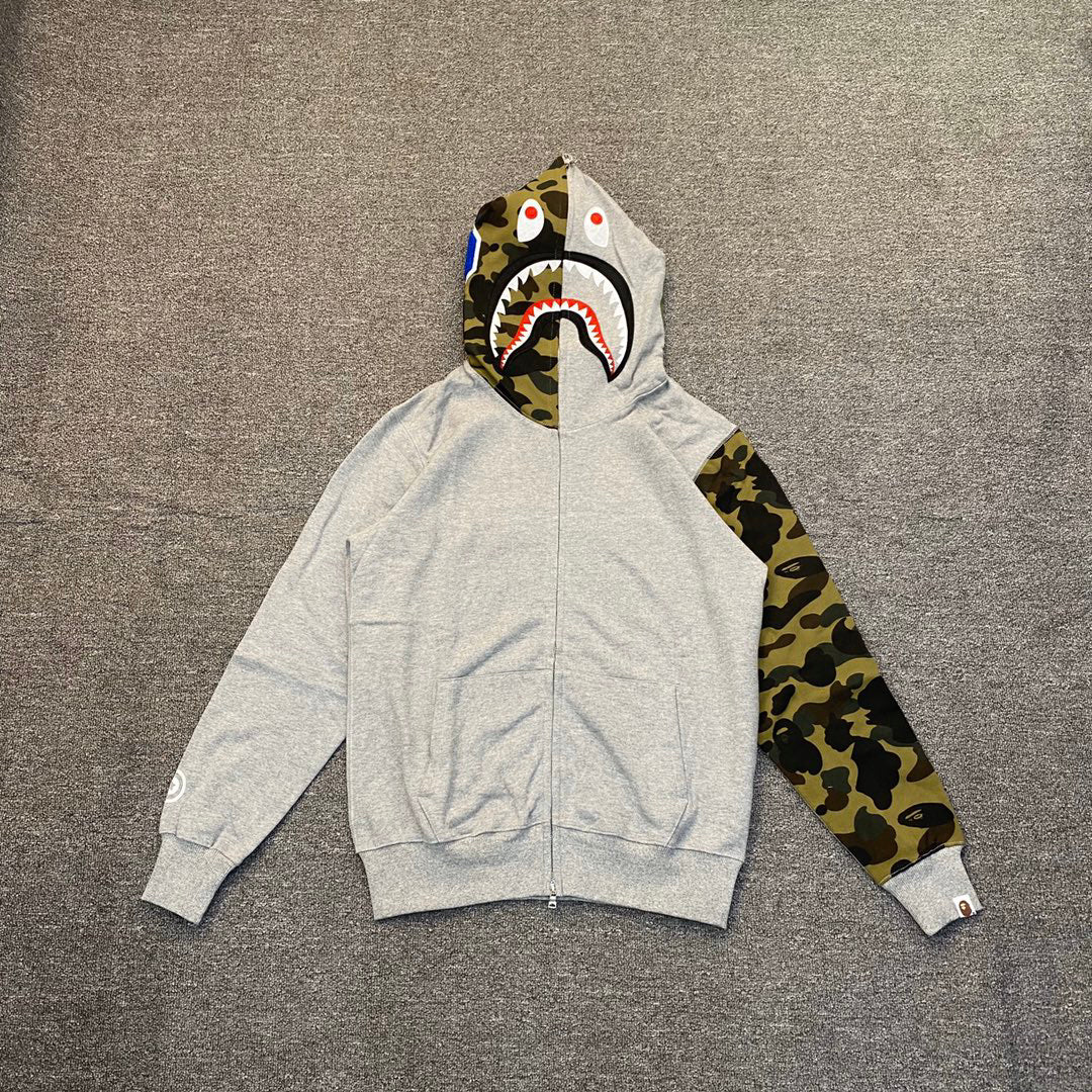 BAPE WGM Shark Full-Zip Hoodie Woodland Camo Hood + Sleeve - Black / Gray