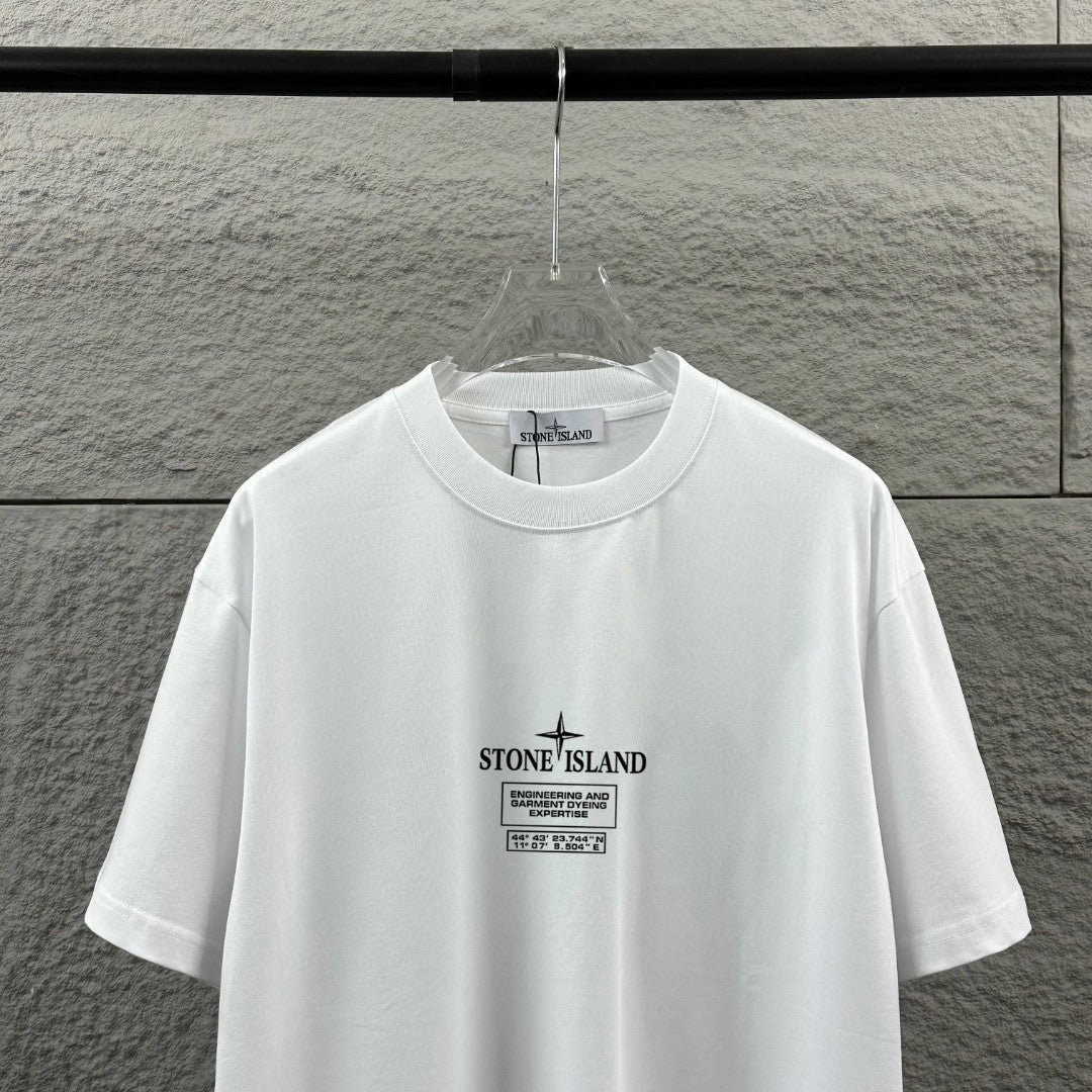 Stone Island Engineering and Garment Dyeing Expertise Heat-Transfer Print T-Shirt - Compass Badge Back, Coordinates Front