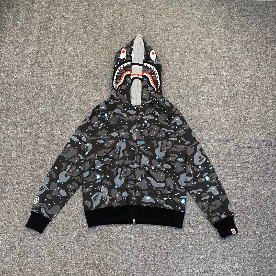 BAPE 21SS Space Camo Shark Full-Zip Double Hood Hoodie — Glow-in-the-Dark