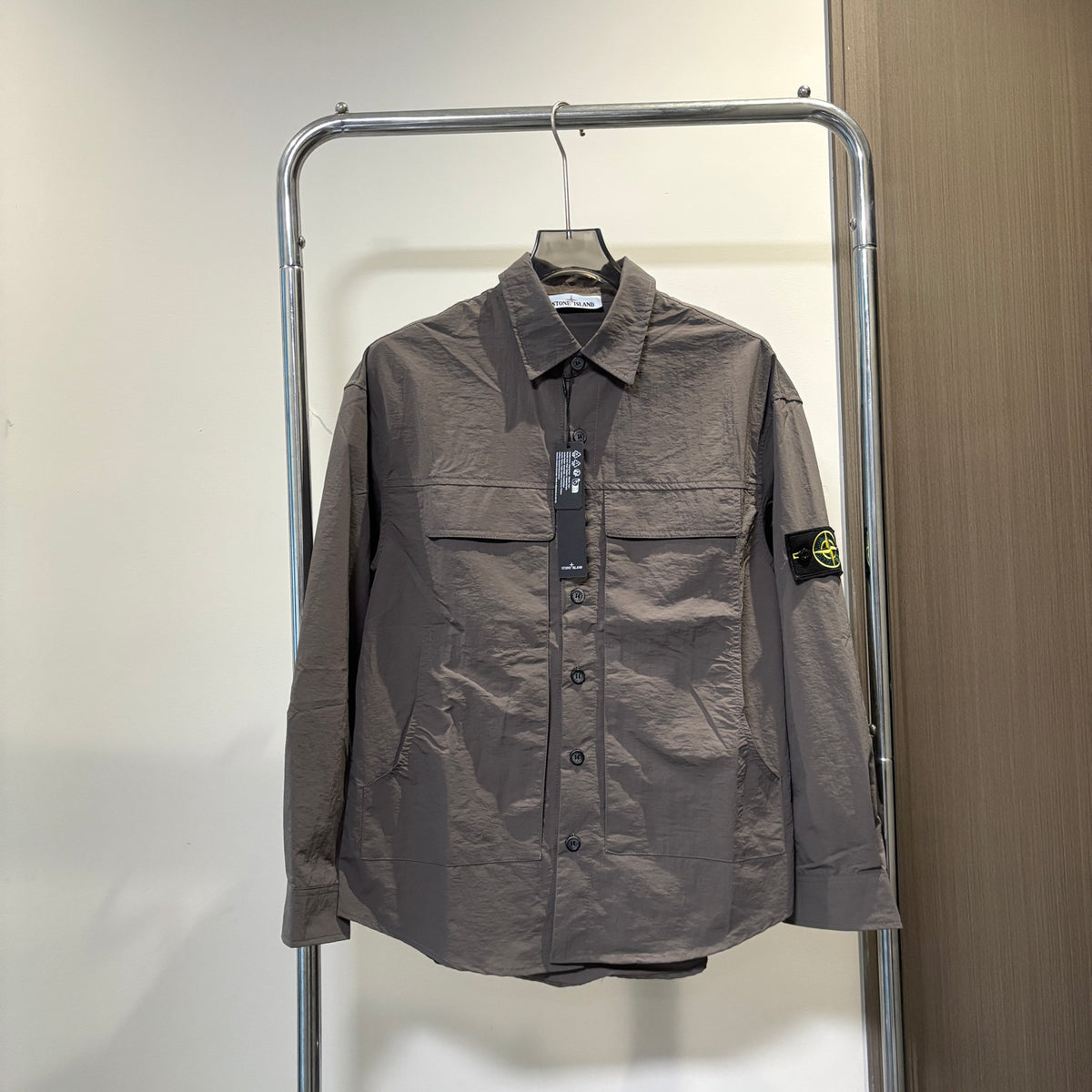 Stone Island Crinkle Nylon Overshirt with Flap Chest Pockets and Compass Badge