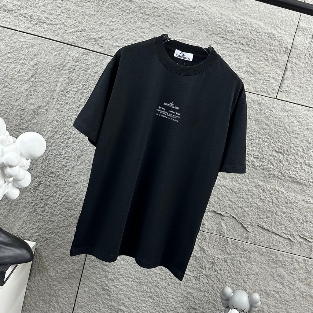 Stone Island Spring–Summer 2026 Distressed Compass Rose Heat-Transfer Print T-Shirt - Front Text Stack, Oversized Back Badge