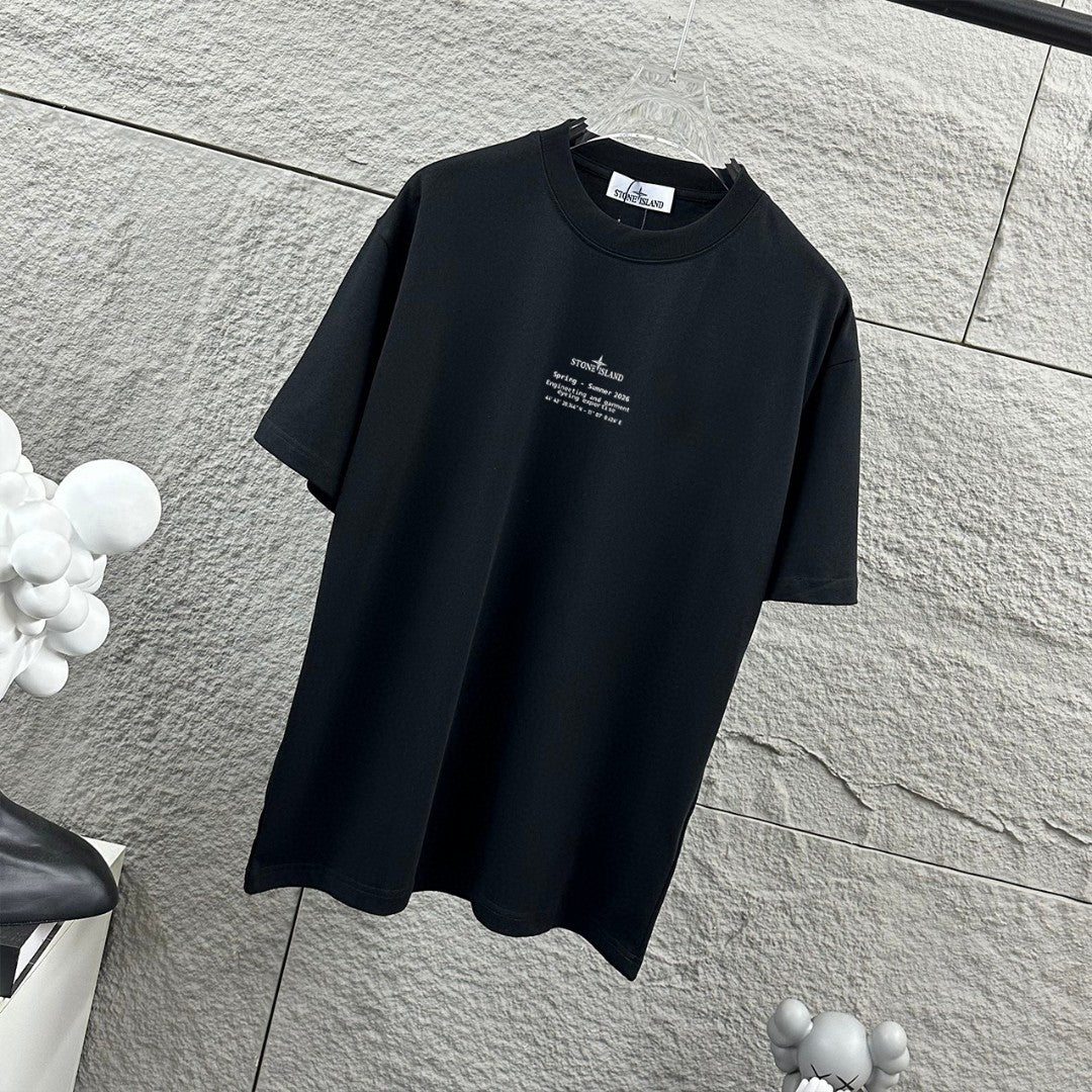 Stone Island Spring–Summer 2026 Distressed Compass Rose Heat-Transfer Print T-Shirt - Front Text Stack, Oversized Back Badge