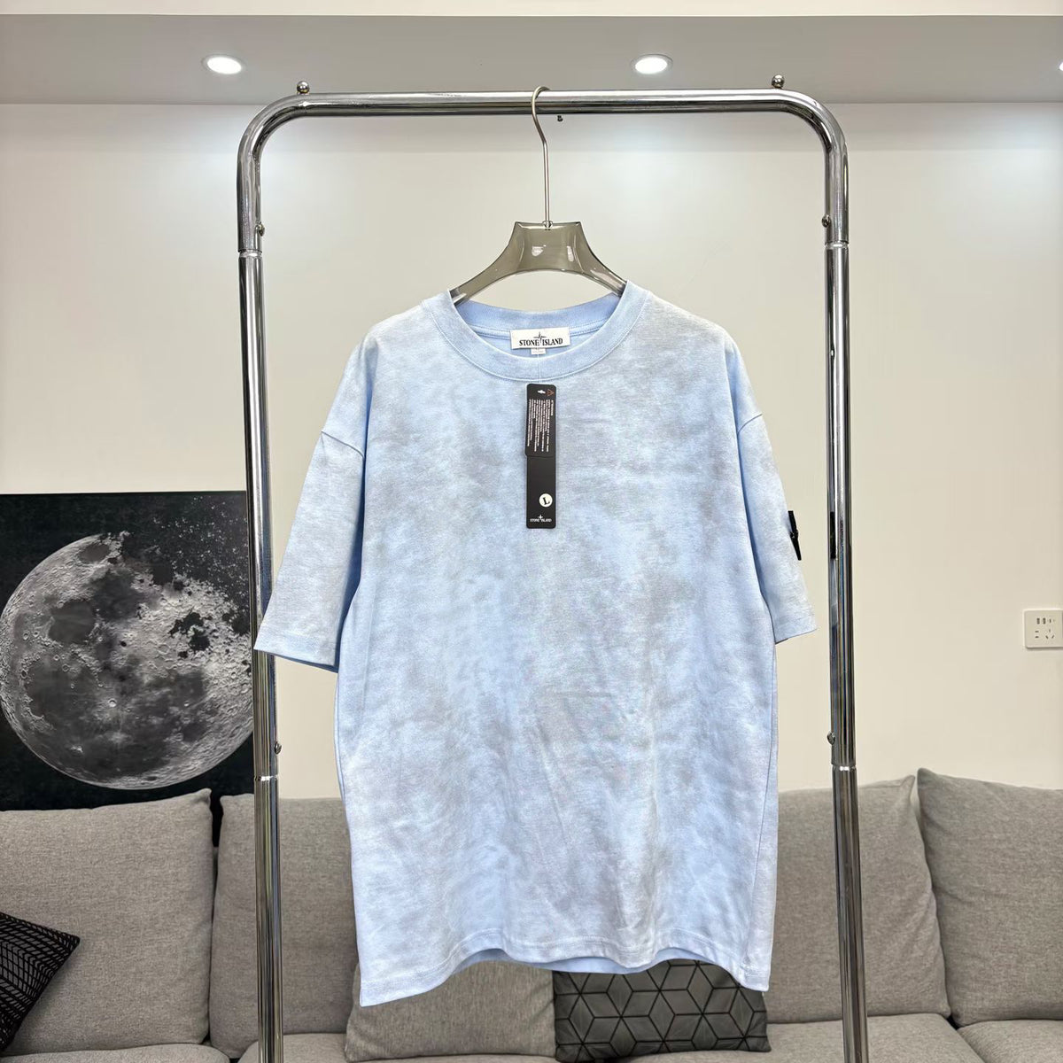 Stone Island Garment-Washed Cloud Pattern Oversized Cotton Tee with Compass Badge