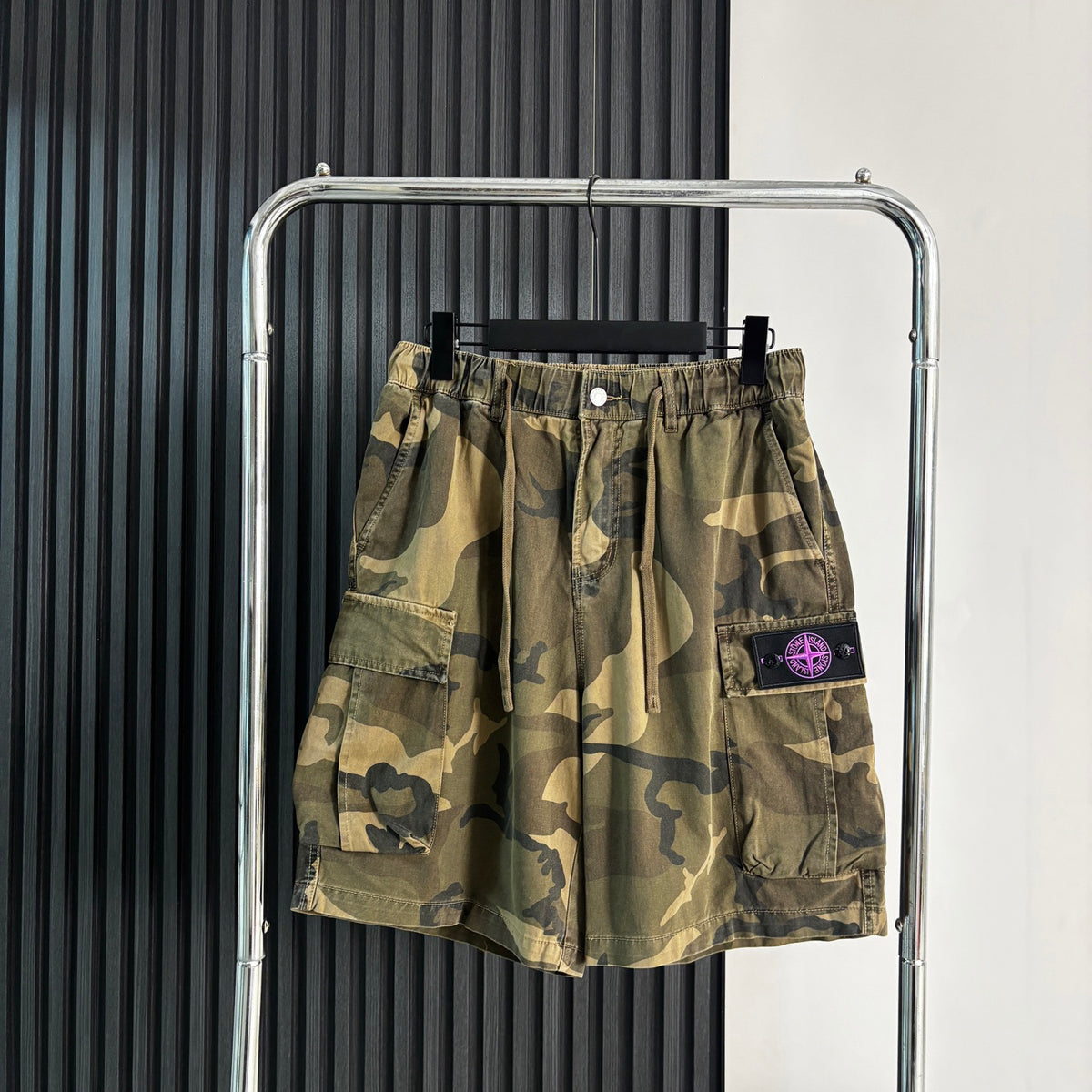 Stone Island Vintage Camouflage Cargo Shorts with Flap Pockets and Compass Badge